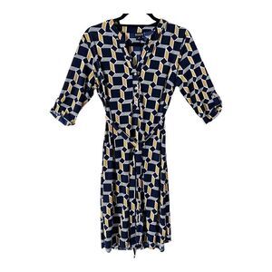 Enfocus Studio Blue/Yellow V Neck Tie Front Midi Dress Size 8